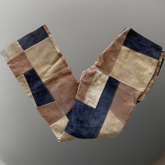 MISDEMEANOR Women's 7/8 Brown Beige Black Leather Patchwork Boho Hippie Pants - Picture 3 of 12